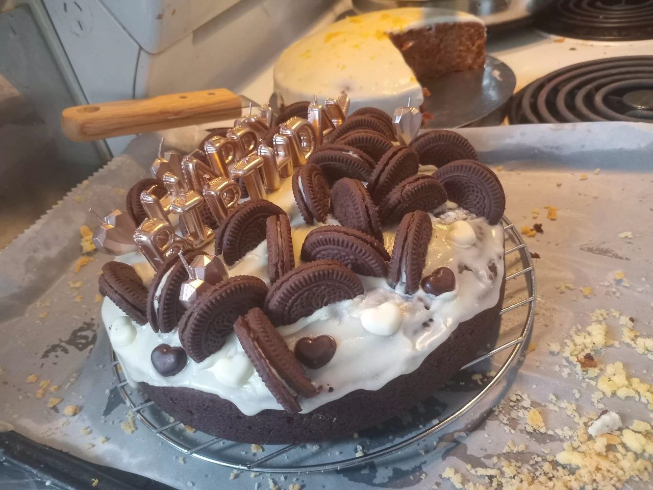 Oreo birthday cake with cream frosting